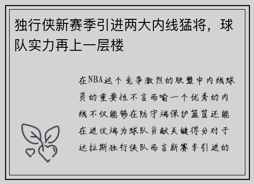 独行侠新赛季引进两大内线猛将，球队实力再上一层楼