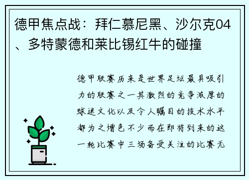 德甲焦点战：拜仁慕尼黑、沙尔克04、多特蒙德和莱比锡红牛的碰撞