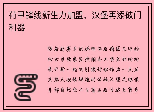 荷甲锋线新生力加盟，汉堡再添破门利器