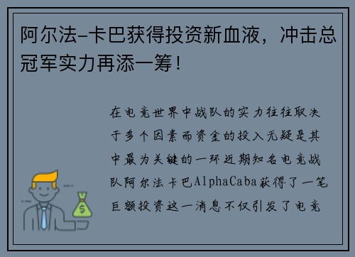 阿尔法-卡巴获得投资新血液，冲击总冠军实力再添一筹！