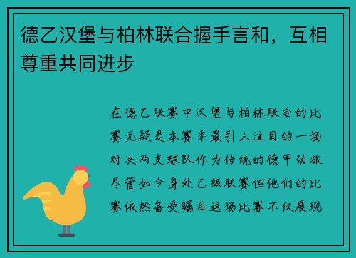 德乙汉堡与柏林联合握手言和，互相尊重共同进步