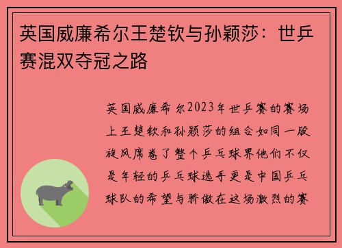 英国威廉希尔王楚钦与孙颖莎：世乒赛混双夺冠之路